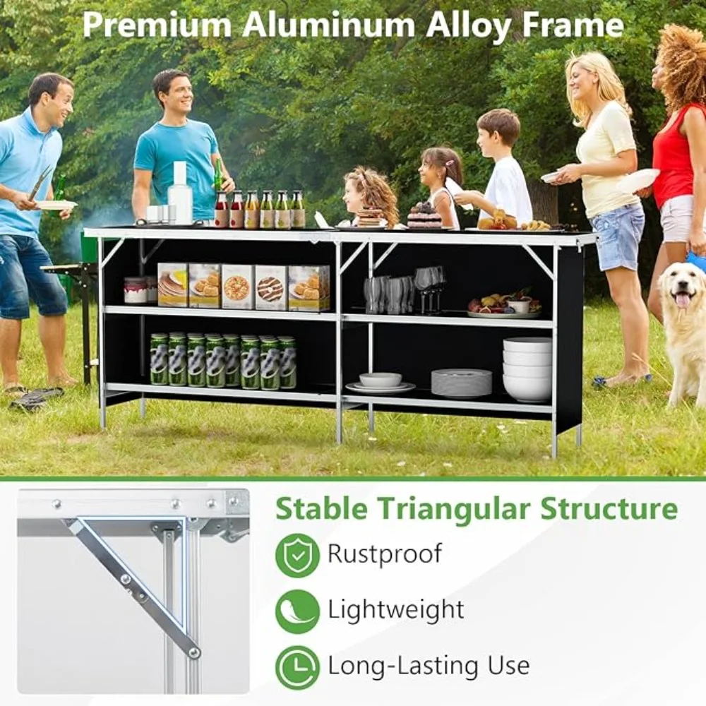 81 inch ultra long portable bar table with double-layer storage rack and foldable mobile cocktail table with detachable skirt