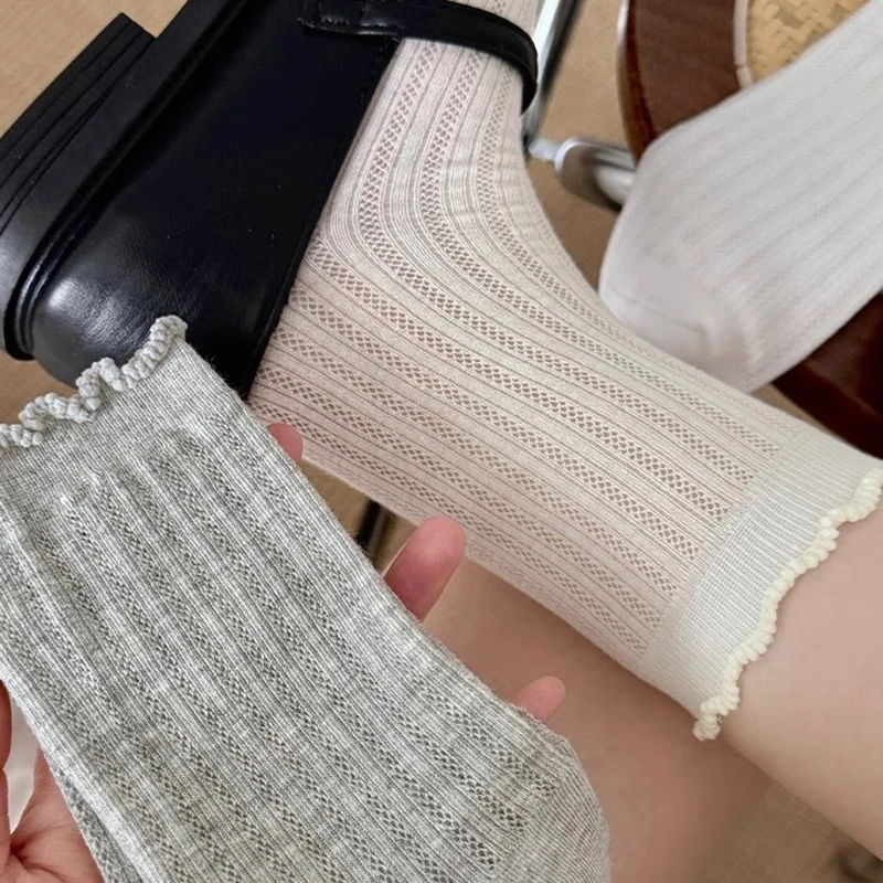5 pares de calcetines de tubo medio de malla de Color sólido para mujer, calcetines informales ligeros transpirables de moda con borde ondulado estilo Ballet
