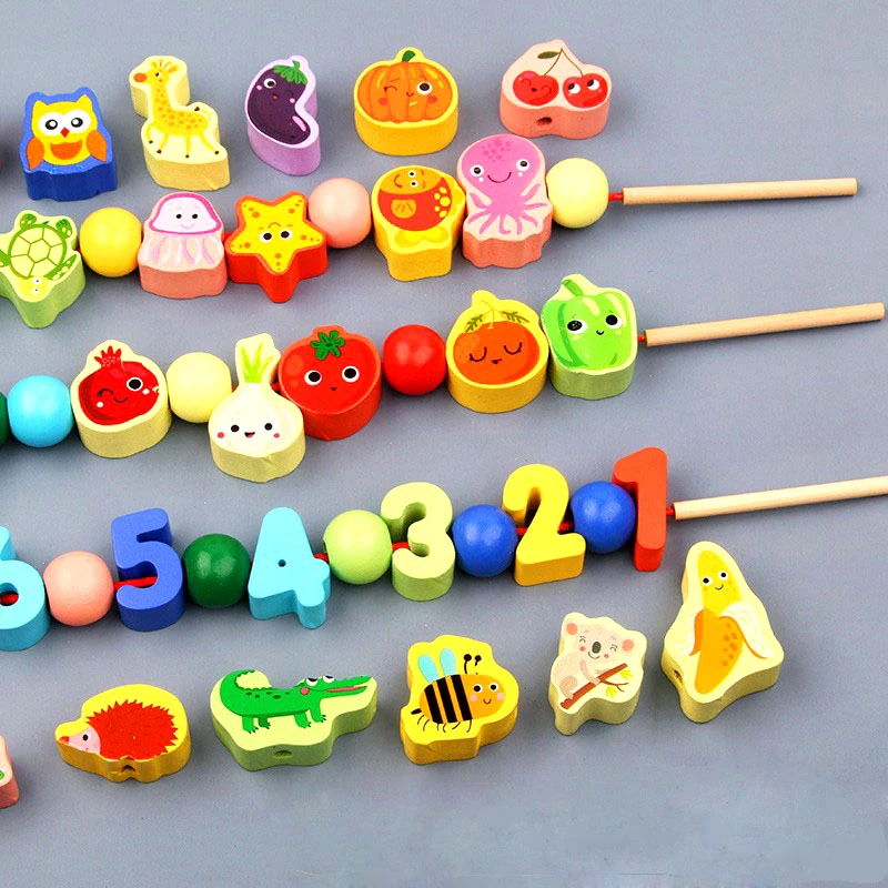9/36pcs ไม้ของเล่นเด็ก DIY ของเล่นการ์ตูนผลไม้สัตว์ Stringing Threading ลูกปัดไม้ของเล่น Montessori การศึกษาสําหรับเด็ก