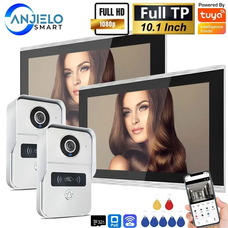 Anjielo 1080p tuya 10-Polegada ip sistema de vídeo porteiro tela toque wifi poe campainha com fio para villa plana rfid controle acesso