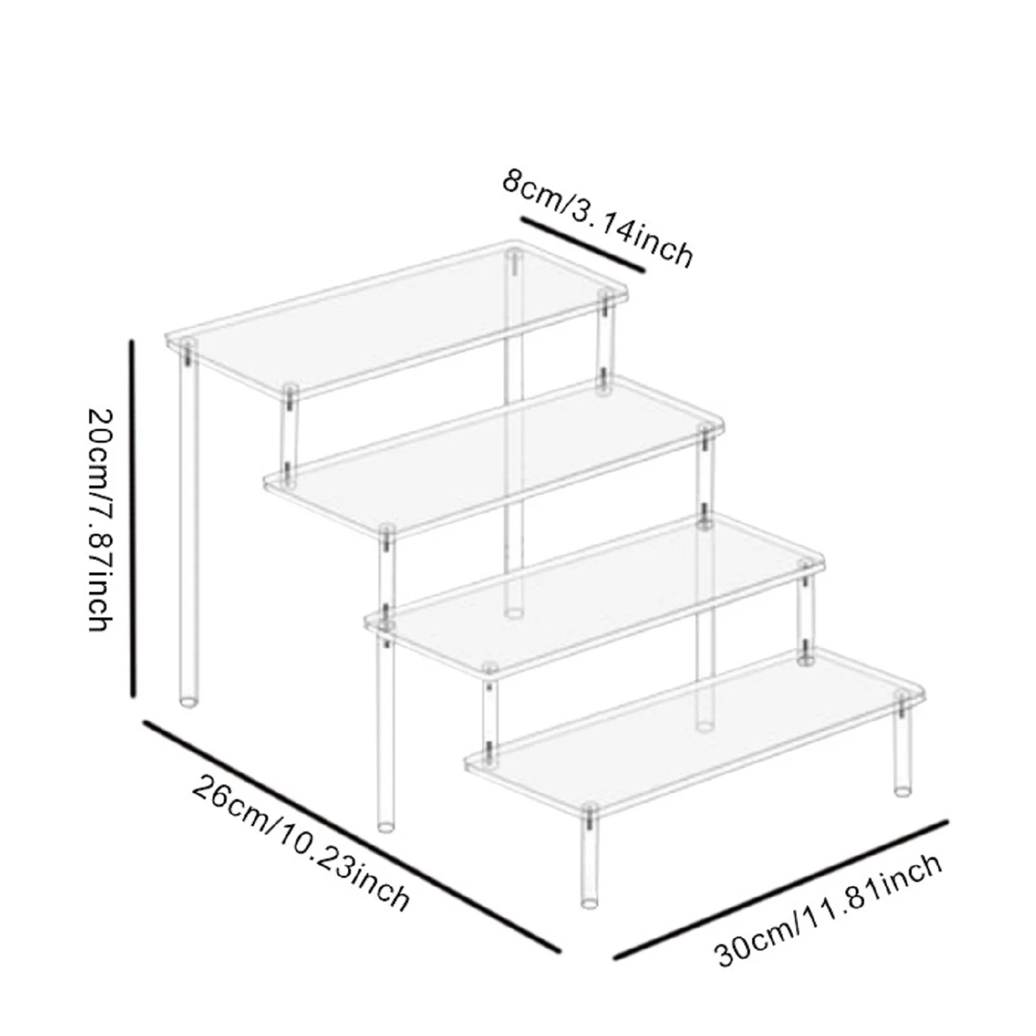 Espositore in acrilico a 1-4 livelli Espositore durevole per bambola di profumo per cupcake Scaffale di stoccaggio per scatola cieca trapezoidale trasparente