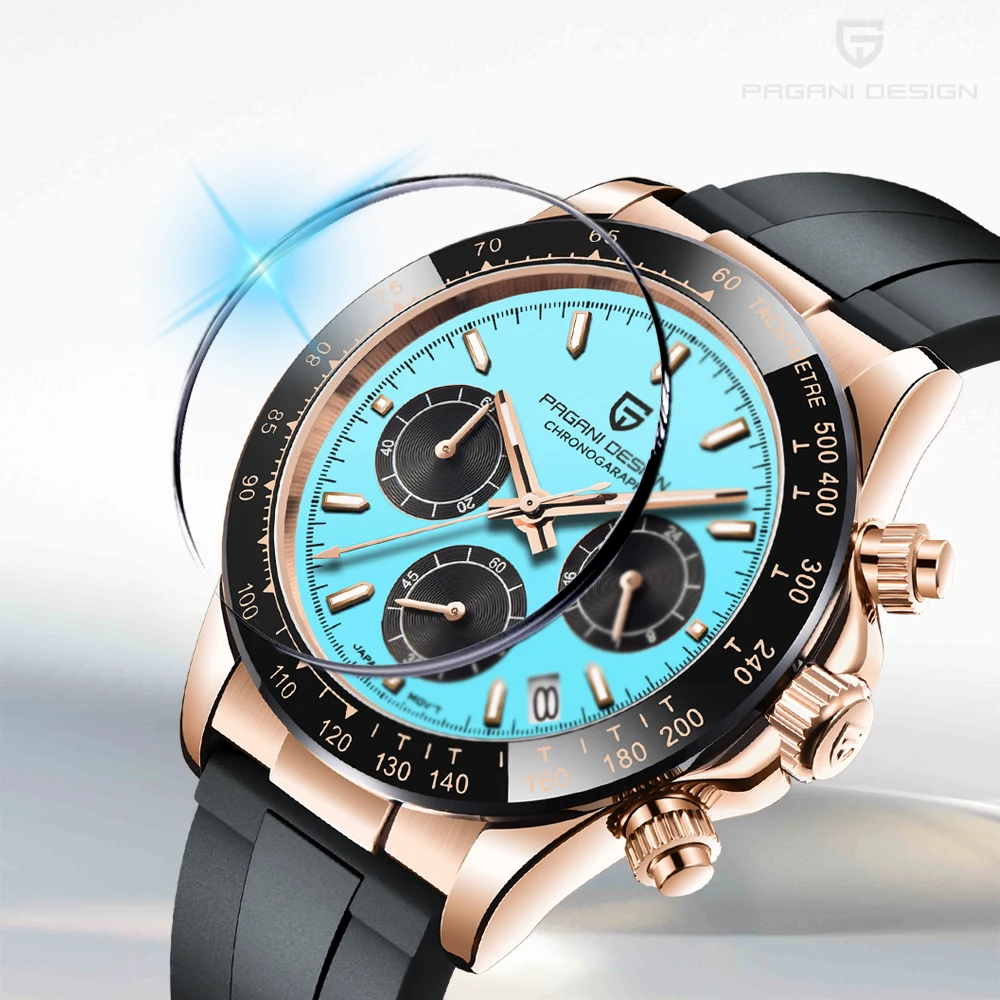 PAGANI DESIGN สไตล์กีฬานาฬิกาควอตซ์ส่องสว่างกันน้ำโรสโกลด์หน้าปัดสีน้ำเงินแฟชั่นเทศกาลของขวัญนาฬิกาผู้ชาย + กล่อง