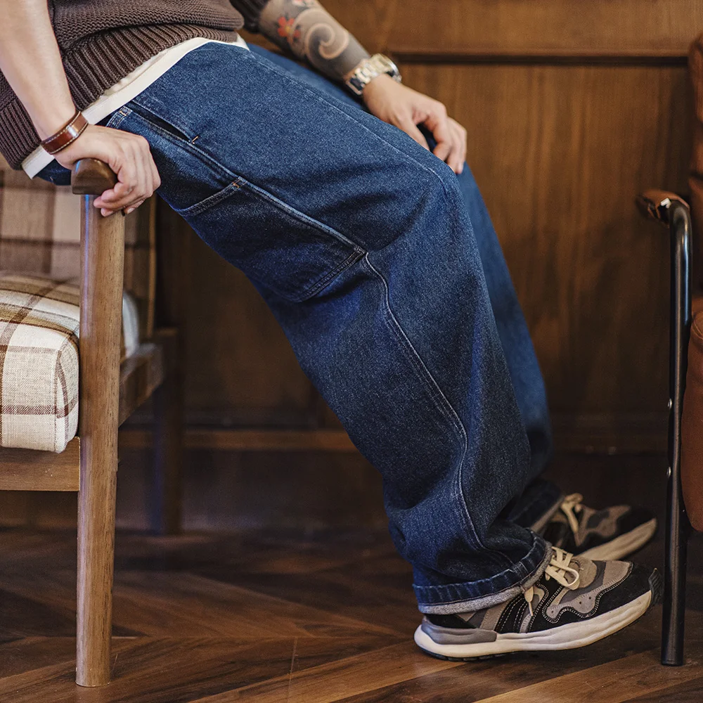 Maden Retro-Jeans mit schwerer, gewaschener Holzfäller, locker, mit Taschen, elastischer Taille, Kordelzug-Design, einfarbig, Freizeithose