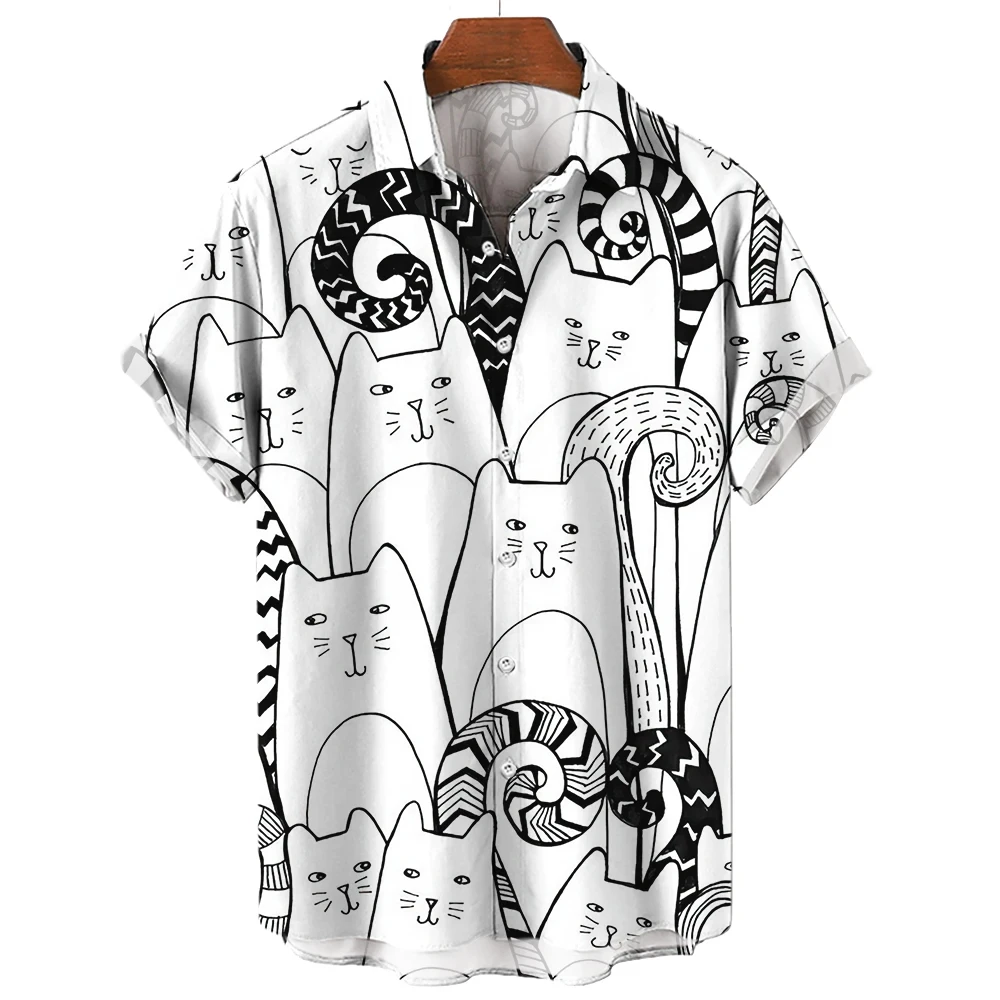 Herren Kurzarm Shirt Mode Cartoon Linie Katze Muster Print Top Damen Casual Button Shirt Top