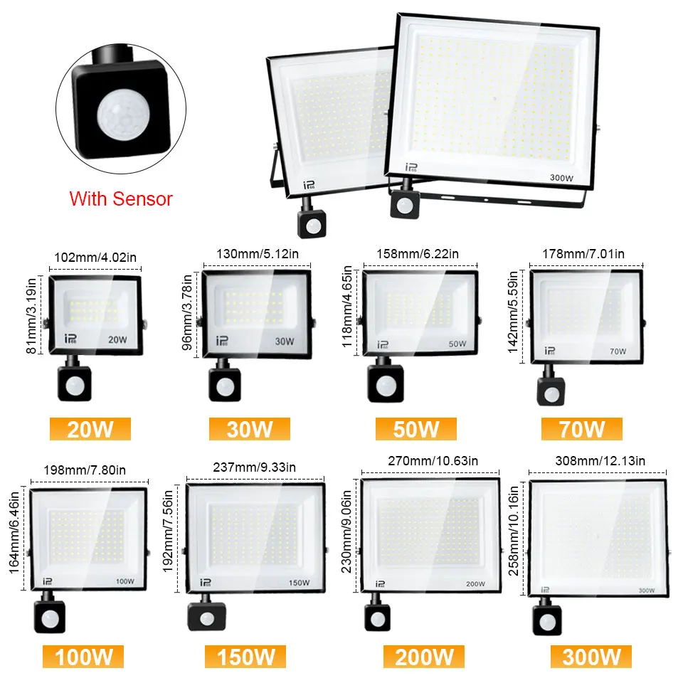 Proiettore a LED Sensore di movimento AC220V 110V 30W 50W 70W 100W 150W 200W Proiettore esterno impermeabile Faretto esterno Lampada da esterno