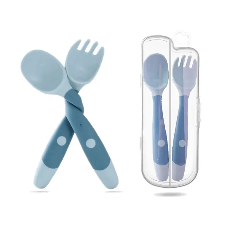 Conjunto de utensílios de colher de silicone do bebê, alimentos auxiliares, criança aprender a comer treinamento, garfo macio dobrável, crianças infantis talheres
