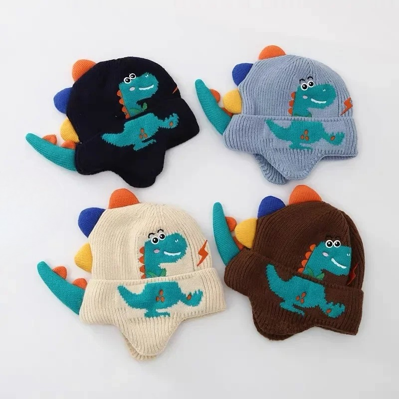 Winter Warm Baby Gehoorbescherming Hoed 3D Dinosaurus Kinderen Oorbeschermers Cap Cartoon Peuter Wollen Gebreide Hoeden 2-6 jaar Kinderen Mutsen