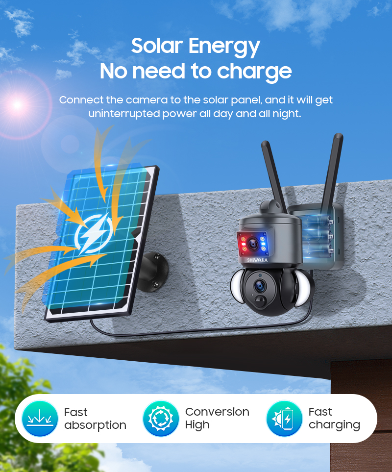 SHIWOJIA 4K 8MP Solar Camera 4G SIM/WIFI Security Outdoor Dual Lens Recording Humanoid Tracking Color Night Vision PTZ Cam