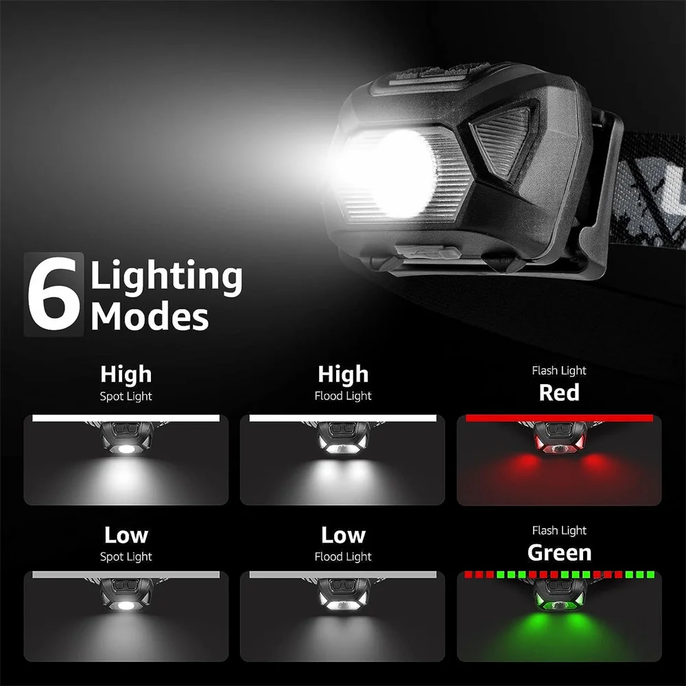 6 modos usb recarregável farol ipx4 à prova dwaterproof água lanternas led lâmpada de cabeça com luz verde vermelha para pesca ao ar livre