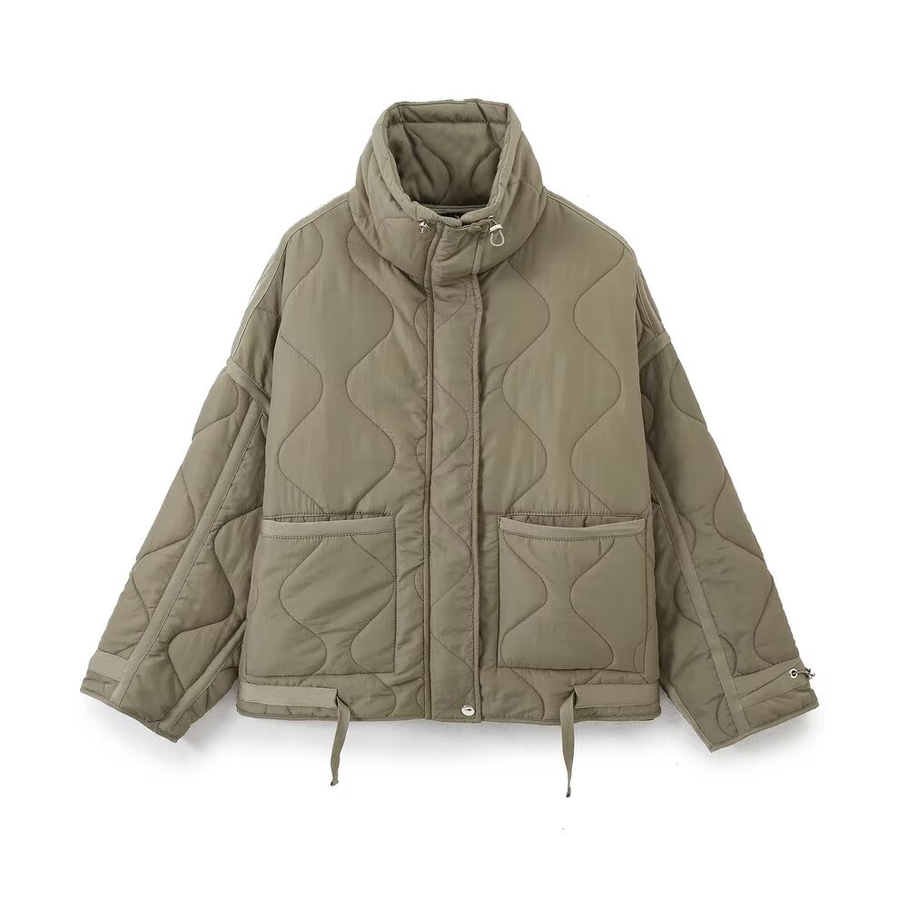 DEEABAE Women's New Fashion Warm Cotton Outerwears Fall and Winter Standing Collar Long Sleeve Zipper with Buttons Vintage Jacke