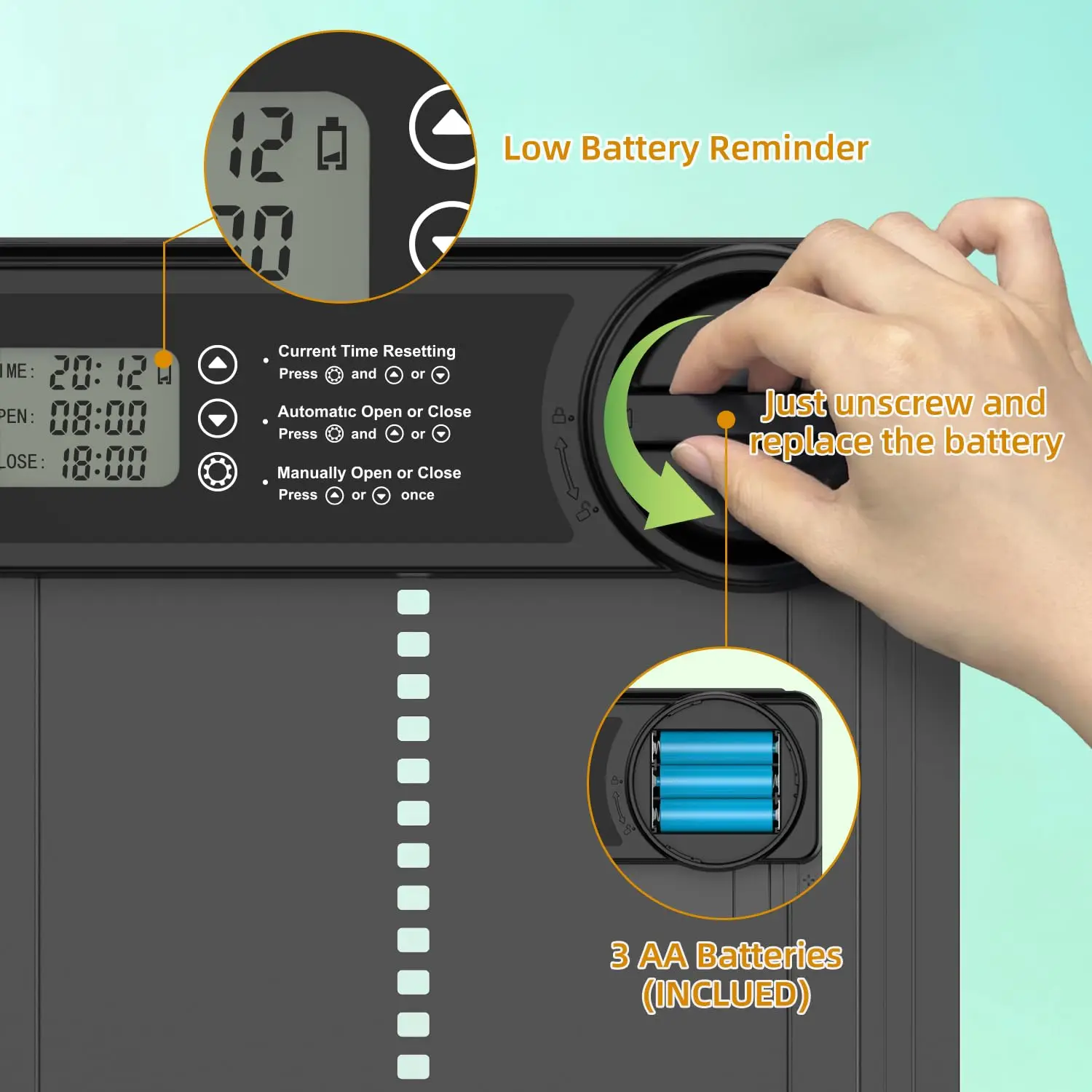 Automatische Hühnerstalltür, batteriebetriebene elektrische Hühnerstalltür mit intelligentem Timer, Anti-Klemm-Sensor, LCD-Display für Geflügel