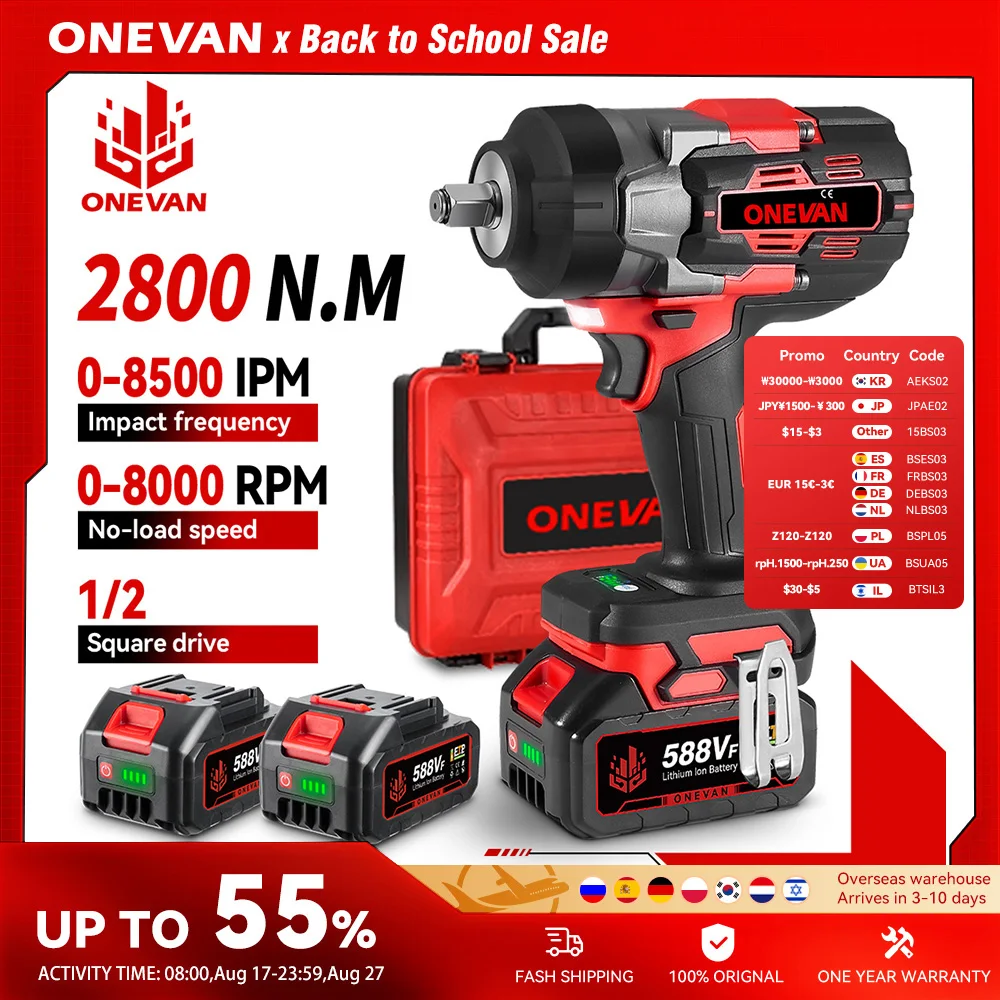 ONEVAN 2800N.M 2800W Brushless Electric Impact Wrench 1/2 Inch Cordless Wrench Screwdriver Power Tool For Makita 18V Battery Pin