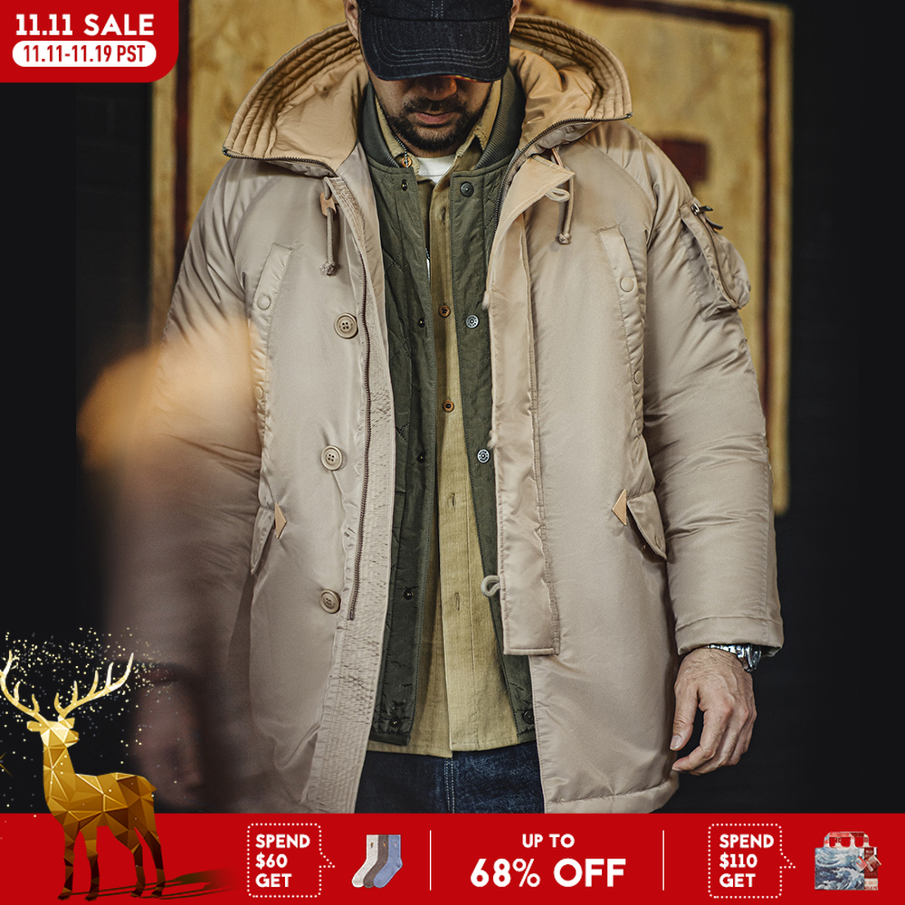 Maden retro piloto algodão-acolchoado jaqueta engrossado meados de comprimento com capuz casaco quente para outono e inverno masculino cor cáqui outwear