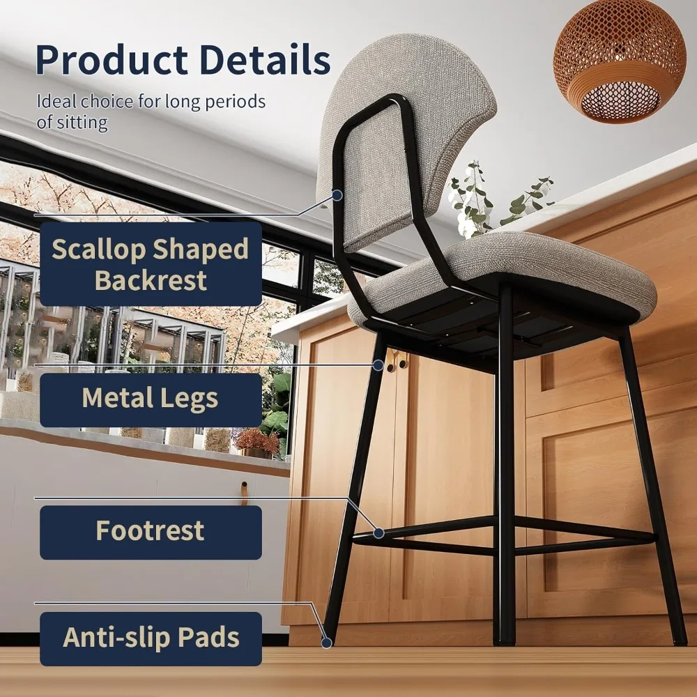 Bar Stools Set of 4, Counter Height BarStools with Shell-Shaped Backrest, Island Chairs with Metal Legs and Footrest, Modern Bar