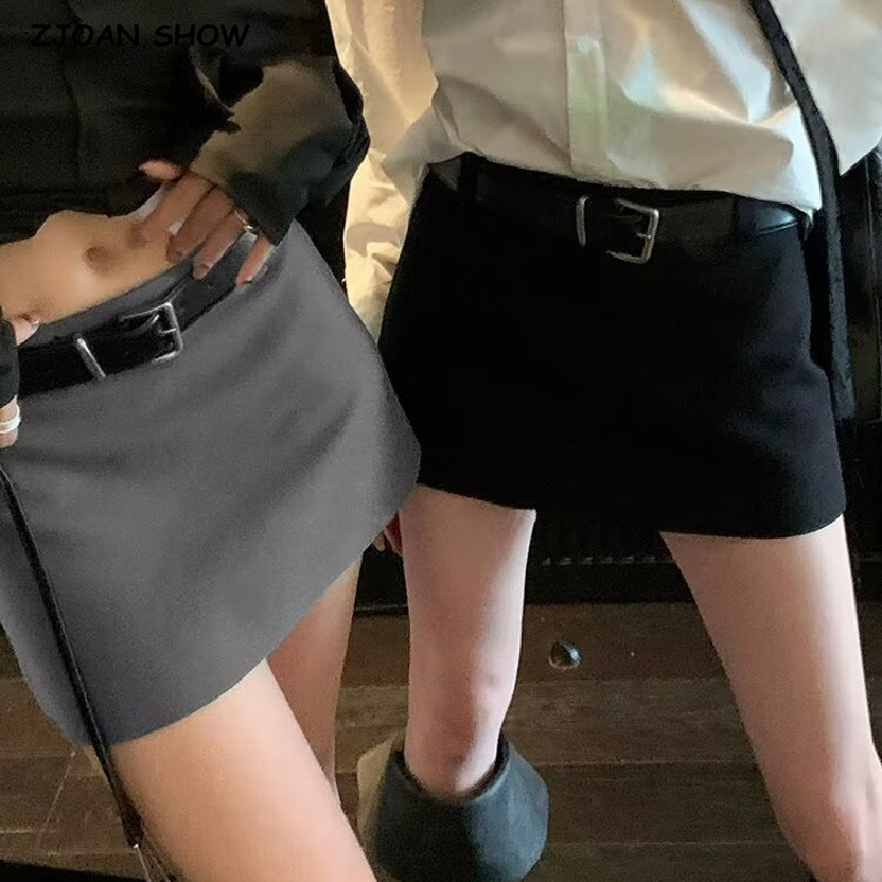 Y2K Niedriger Taillen-Minirock mit kurzem Futter Sexy A-Linien-Paket Hüften Mini Short Skater Party Femme Grau Schwarz