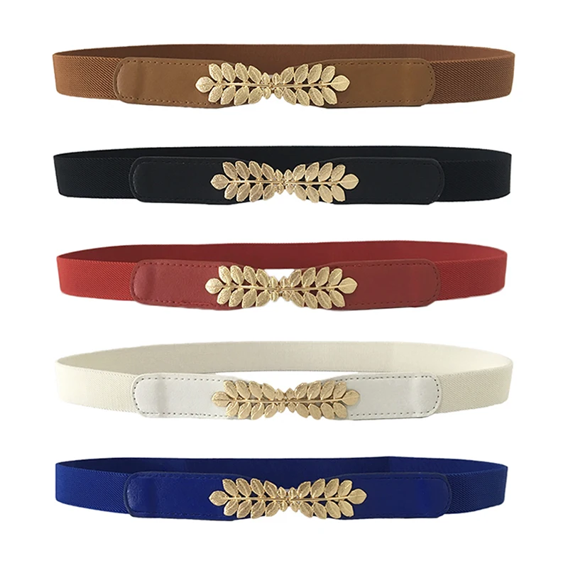 Mode Blad Taillebanden Rekbare Dame Hot Elastische Cummerbunds Voor Vrouwen Donkerblauwe Riem Jurk Goud Dubbele Metalen Gesp Tailleband