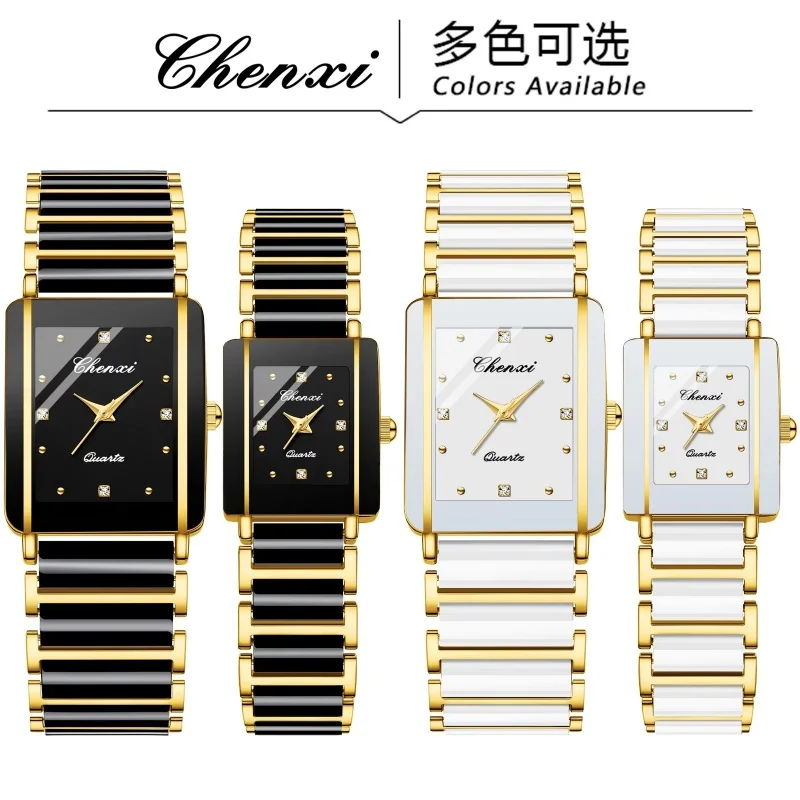 CHENXI 104A แฟชั่นนาฬิกาควอตซ์สําหรับคู่ Elegant Square Dial เซรามิคนาฬิกากันน้ํา Casual ผู้ชายผู้หญิงนาฬิกาข้อมือ