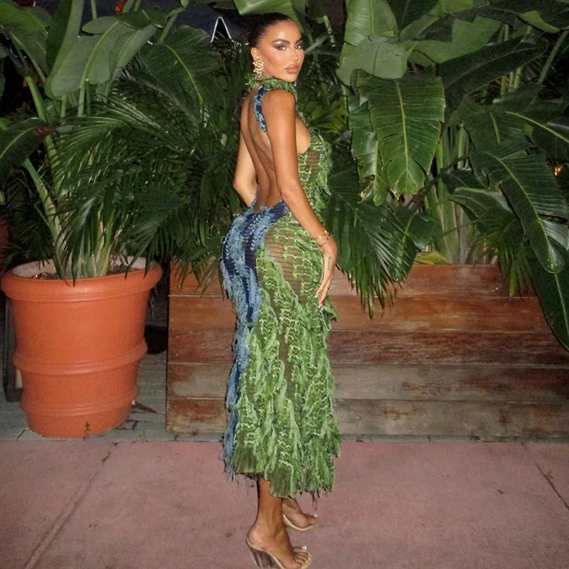 Vestido Midi transparente con borlas y cuello alto para mujer, vestido Sexy de retazos con cuello Halter y espalda descubierta, sin mangas, Irregular, para fiesta de graduación, vestidos largos verdes