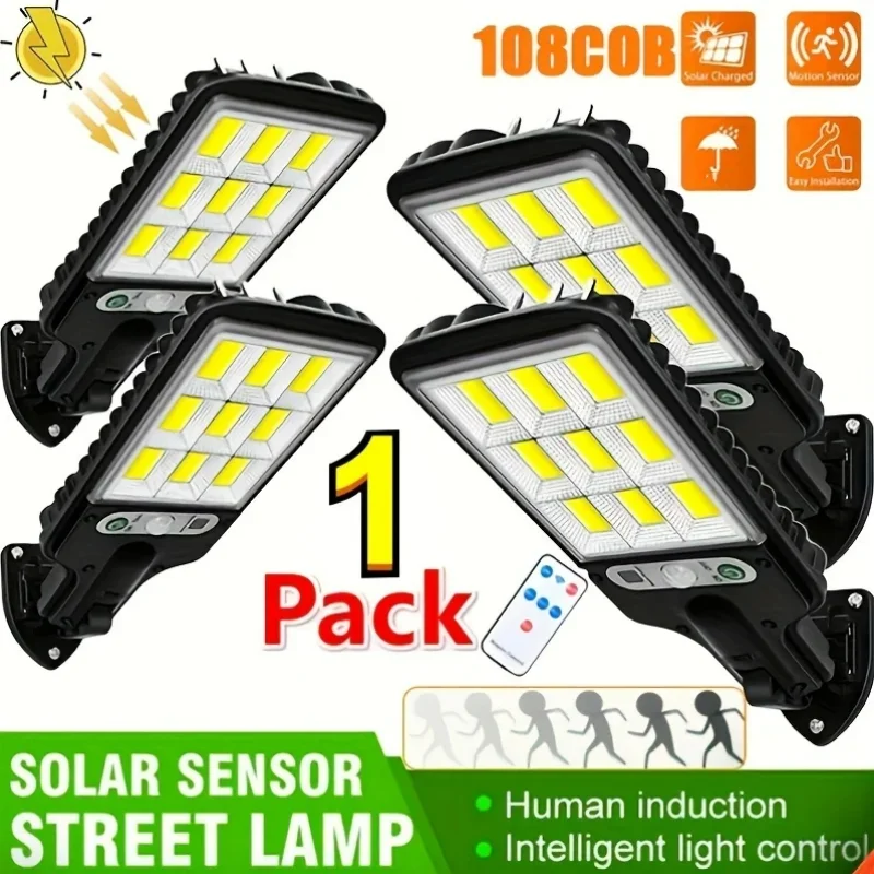 108 Cob Sensor Straatlantaarn 3 Licht Modi Outdoor Waterdichte Beveiliging Zonne-Energie Lampen Voor Tuin Patio Pad Afstandsbediening Licht