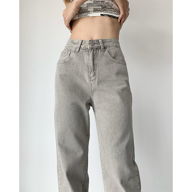 Calça jeans feminina cinza, cintura alta, vintage, reta, folgada, streetwear, estilo americano, moda casual, perna larga, calça jeans