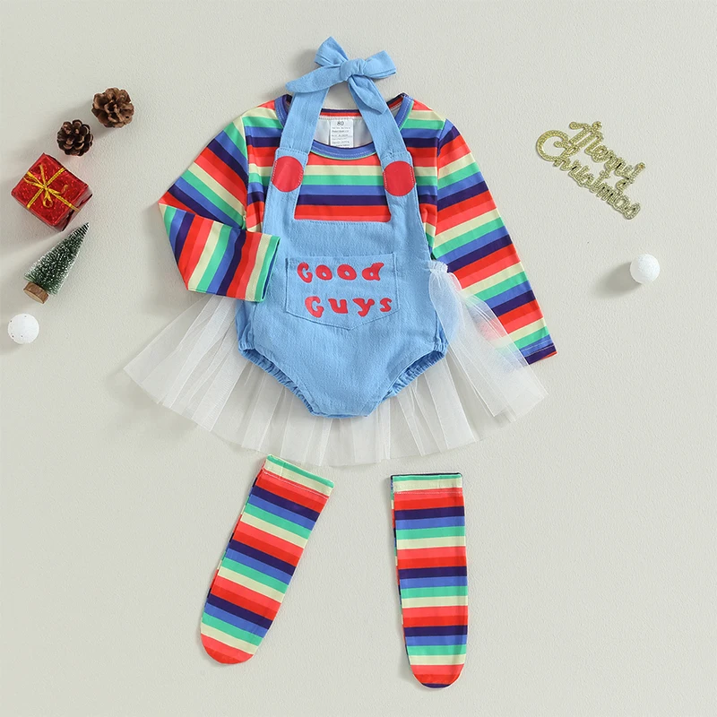 2023-06-18 Lioraitiin 0-5Years Toddler Girl 3Pcs Halloween Set Rainbow Stripe Print Tops Letter Pattern Romper Long Socks