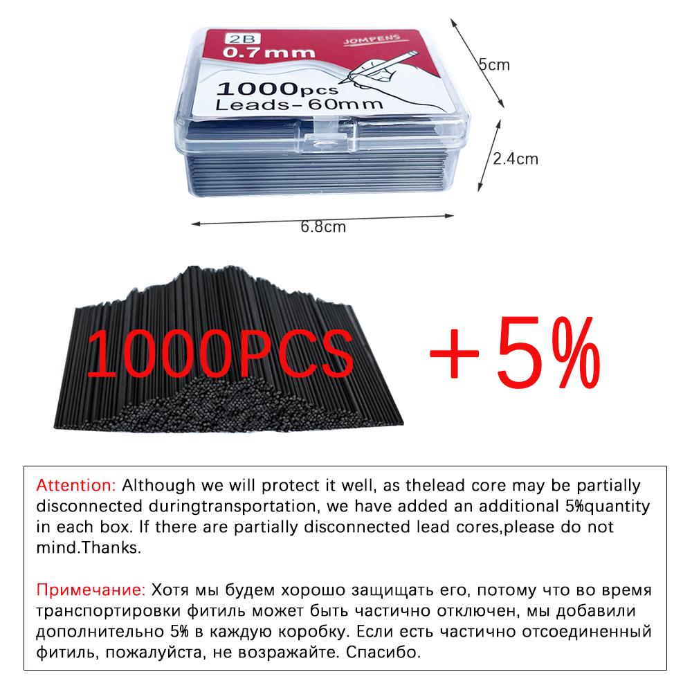 1000 peças lápis mecânico chumbo 0.5 0.7 0.9mm 2b 60mm desenho de arte lápis automático recargas substituíveis com 2 tubos de papelaria