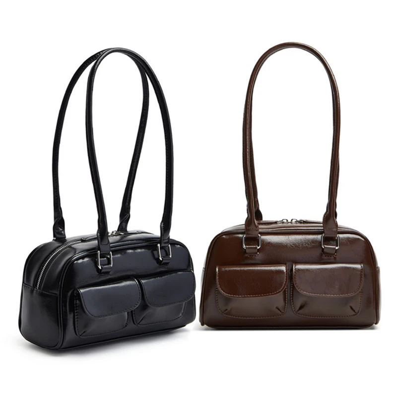 Nova bolsa feminina moda nicho cera de óleo couro boliche saco multi-bolso axila bolsa de viagem bolsa de ombro único