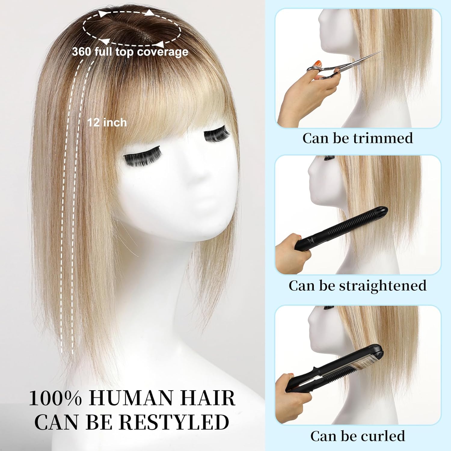 12 pouces brun blond mettre en évidence les cheveux humains Toppers pour les femmes avec des cheveux amincissants 3 Clips Base de dentelle de soie dans les vrais cheveux humains Toppers