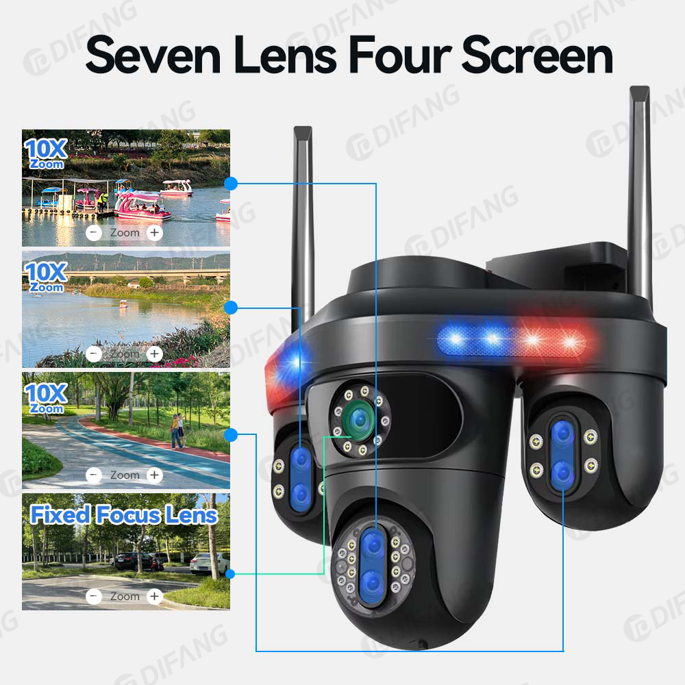 DIFANG 35MP WiFi IP Camera 4 Screens 7 Lens 10X Zoom Outdoor Wireless PTZ Security Cam Auto Tracking CCTV Surveillance Camera