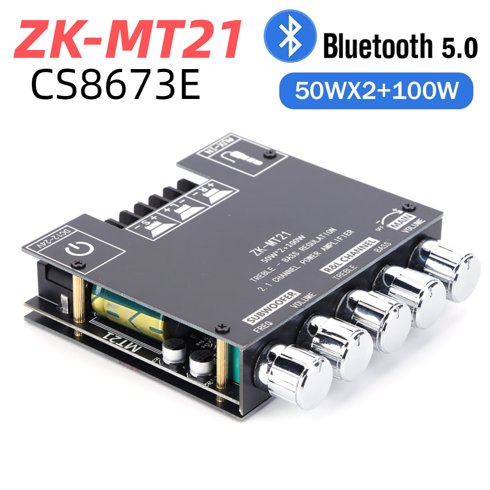 Placa amplificadora de potencia Digital ZK-MT21, 2x50W + 100W, Subwoofer de 2,1 canales AUX 12V 24V, Audio estéreo, Bluetooth 5,0, amplificador de graves para el hogar