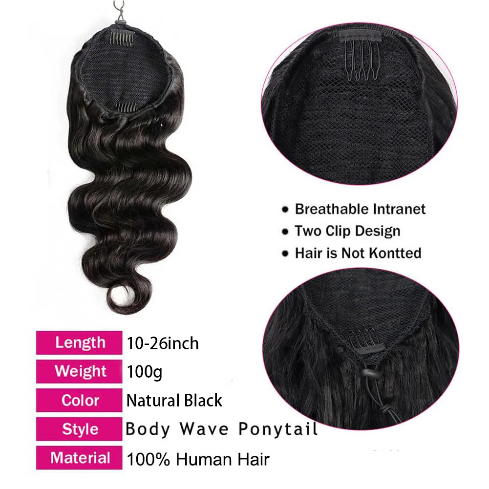 Körperwelle Kordelzug Pferdeschwanz Echthaarverlängerungen 100 % echtes Echthaar Brasilianisches Remy Clip In Für Frauen Pferdeschwanz Natürliche Farbe