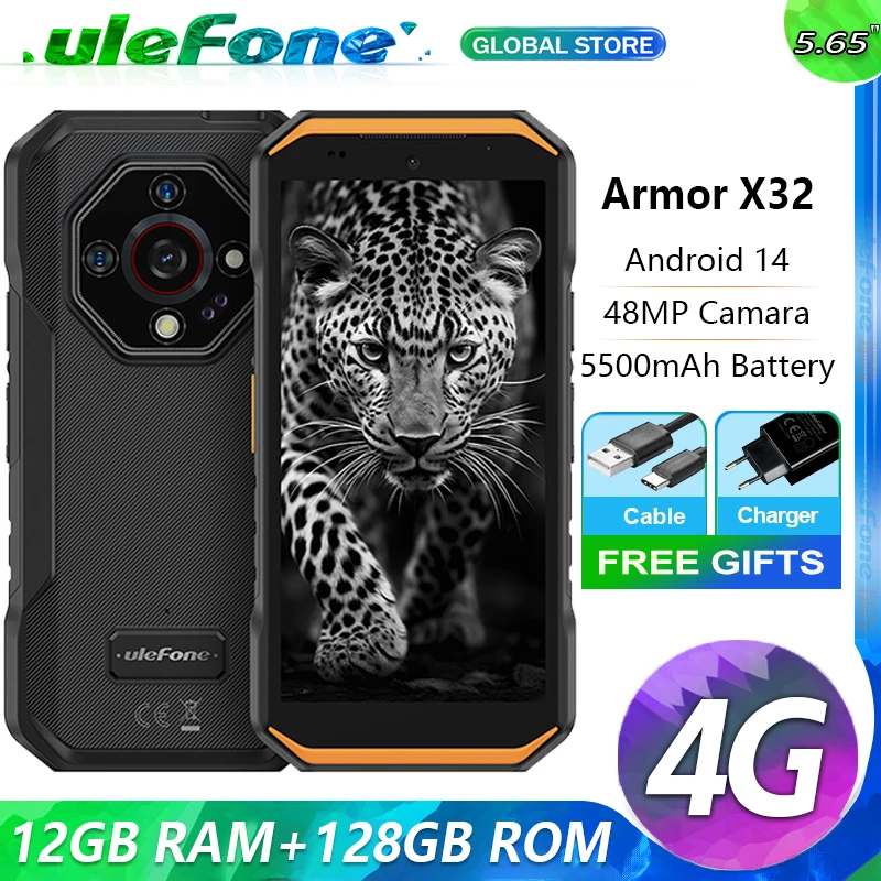Ulefone Armor X32 4G Telefone robusto Android 14 Smartphone à prova de água 12 GB de RAM, 128 GB de ROM 5,65" NFC Câmara noturna Telemóvel