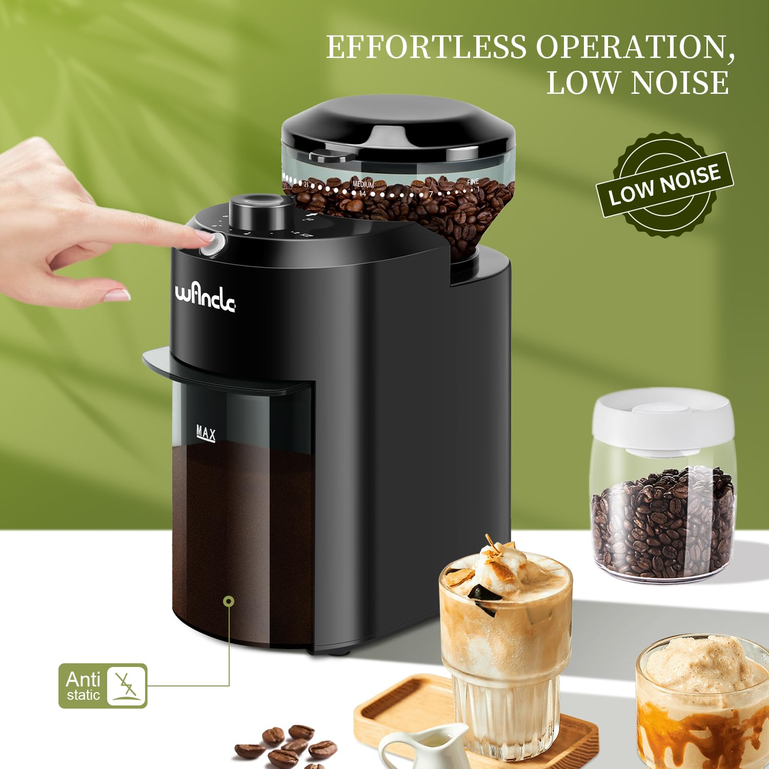 Wancle Macinacaffè Elettrico Macinacaffè Regolabile Macinazione Conica dei Chicchi di Caffè con 28 Impostazione di Macinatura Precisa 220 V/120 V
