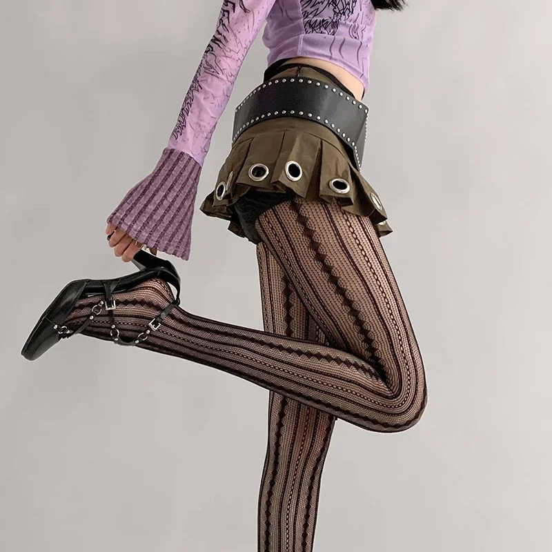Calze Lolita Collant a rete da donna Collant a righe geometriche sexy Rattan Maglia di pizzo Gotico Carino Legging a rete senza cuciture