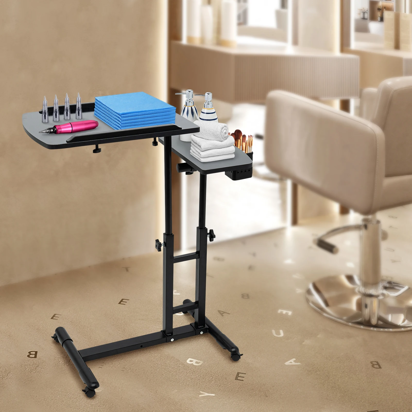 Professional Tattoo Workbench with Dual 25in Workstations & Adjustable Height, Portable Rolling Design for Studio/Home Use