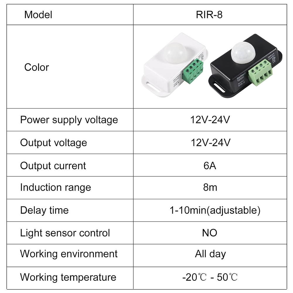 DC 12V-24V 8A PIR Interruttore del sensore di movimento Sensore di movimento regolabile automatico Sensore di movimento PIR a infrarossi per luce a LED