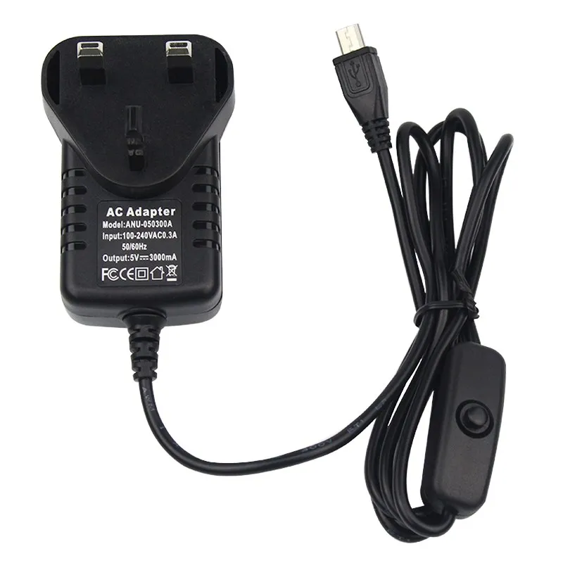 Raspberry Pi 5V 3A Fonte de Alimentação com Botão Interruptor, Adaptador de Alimentação, Porta Micro USB, Laranja Pi Zero 2 W, 3 LTS