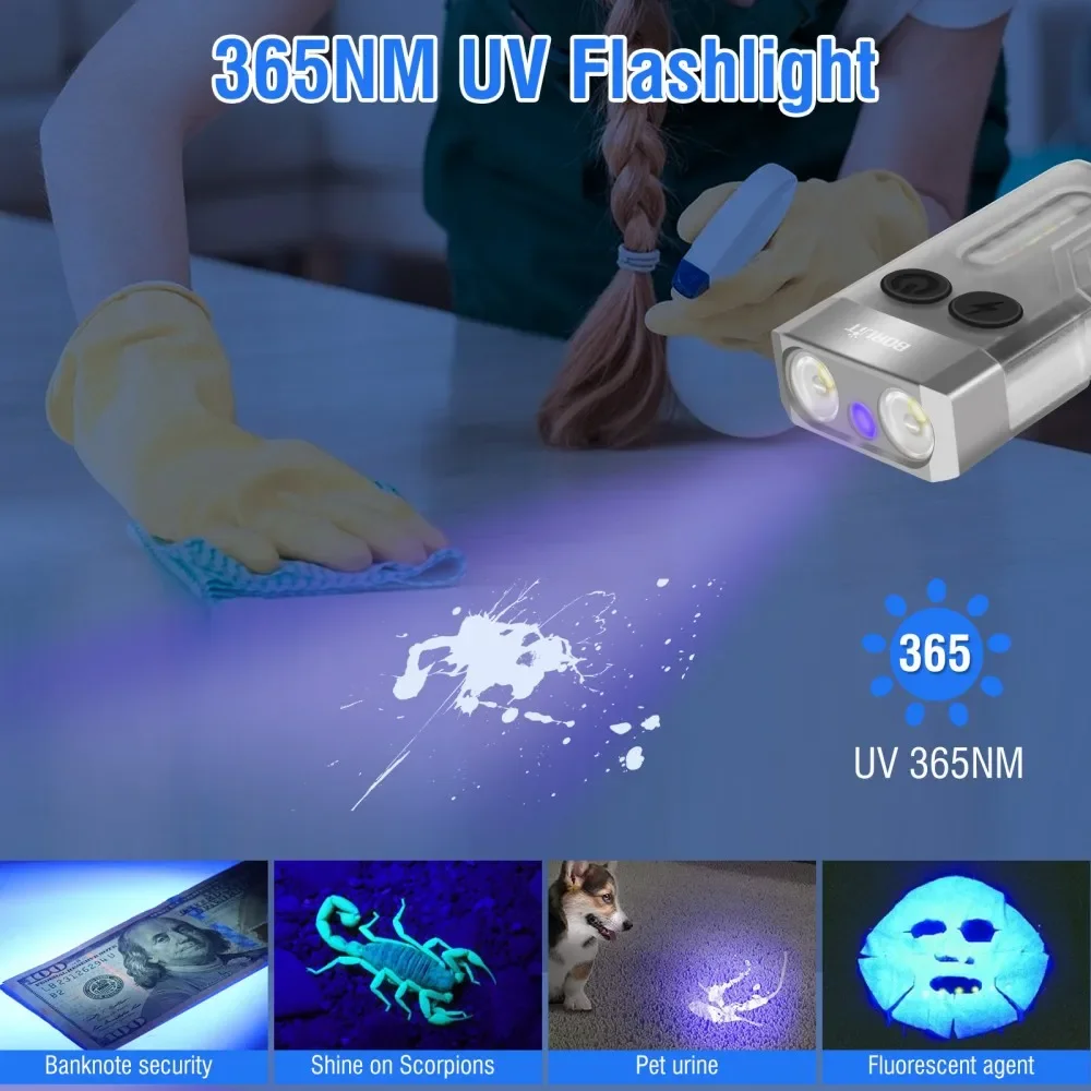 BORUiT V10 EDC llavero LED linterna fluorescente tipo C linterna recargable luz de trabajo imán zumbador 365nm UV V3 Plus linterna
