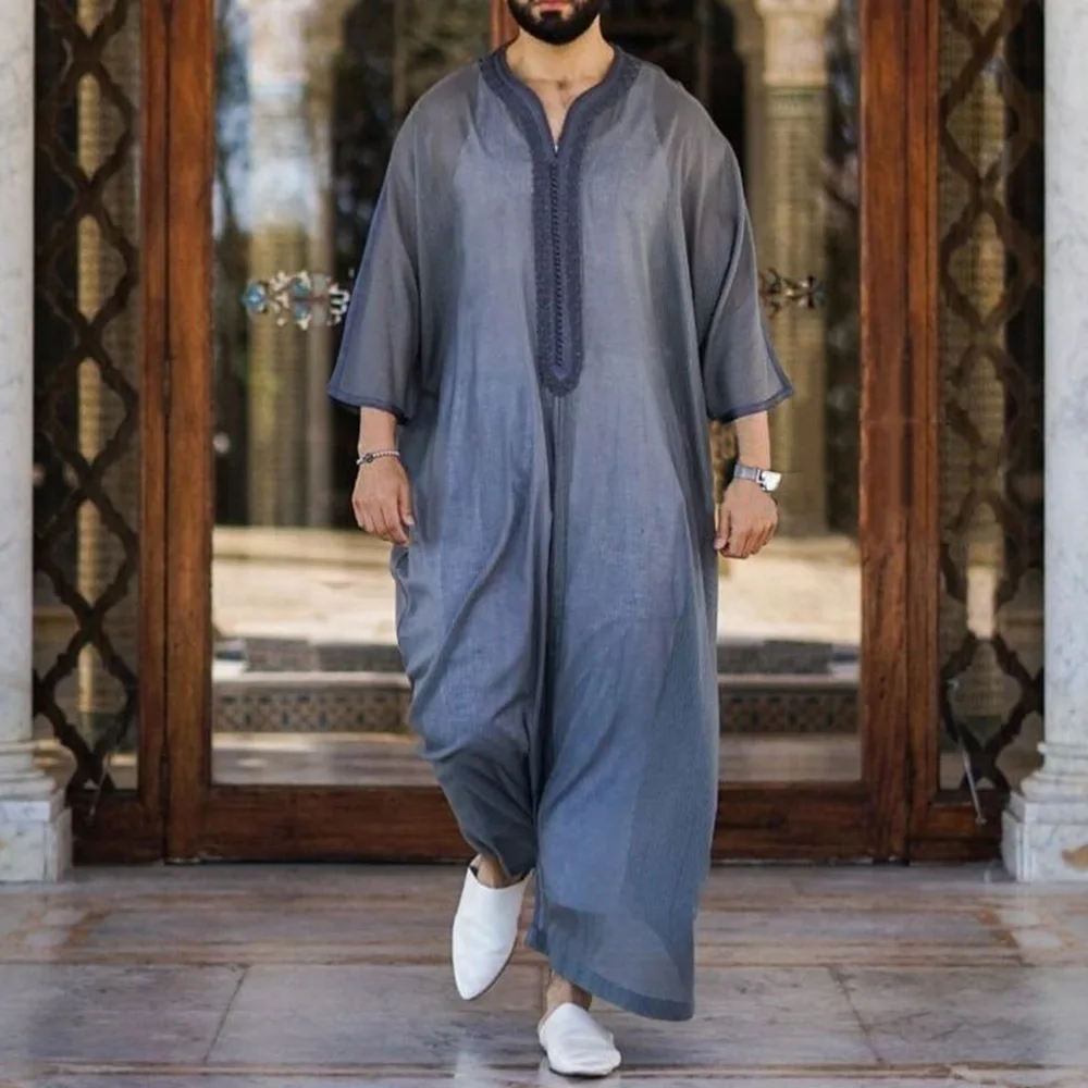 Muslimische Männer jubba thobe feste Knopf Kimono mittlere Robe saudi muslimische Mann Hemd stehen Kragen islamische arabische Kaftan Männer Abayas