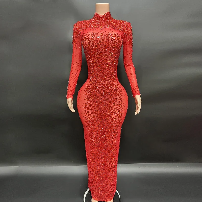 Glänzendes rotes silbernes Diamant-Sexy-Abend-Mesh-Kleid, schickes und süßes Abendkleid, Damenkleider für Party und Hochzeit