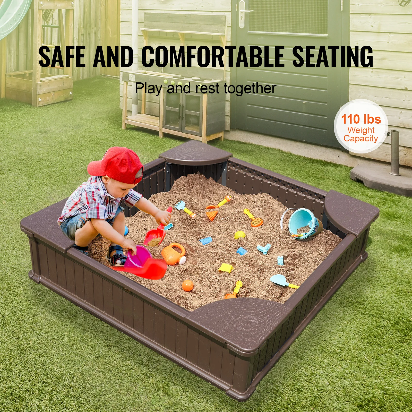 SucceBuy Sandbox con coperchio nella scatola di sabbia quadrata con 4 sedute angolari e rivestimento inferiore Sandbox per bambini per esterni per bambini