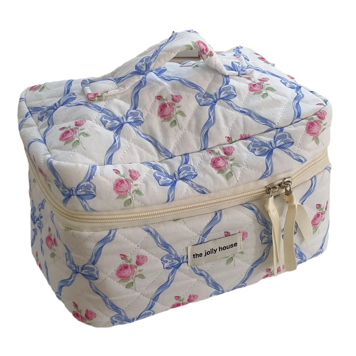 Bolsa de maquillaje de algodón acolchada con lazo y flores para mujer, organizador de cosméticos con cremallera, bolso de tela para mujer, estuche de aseo portátil para niñas