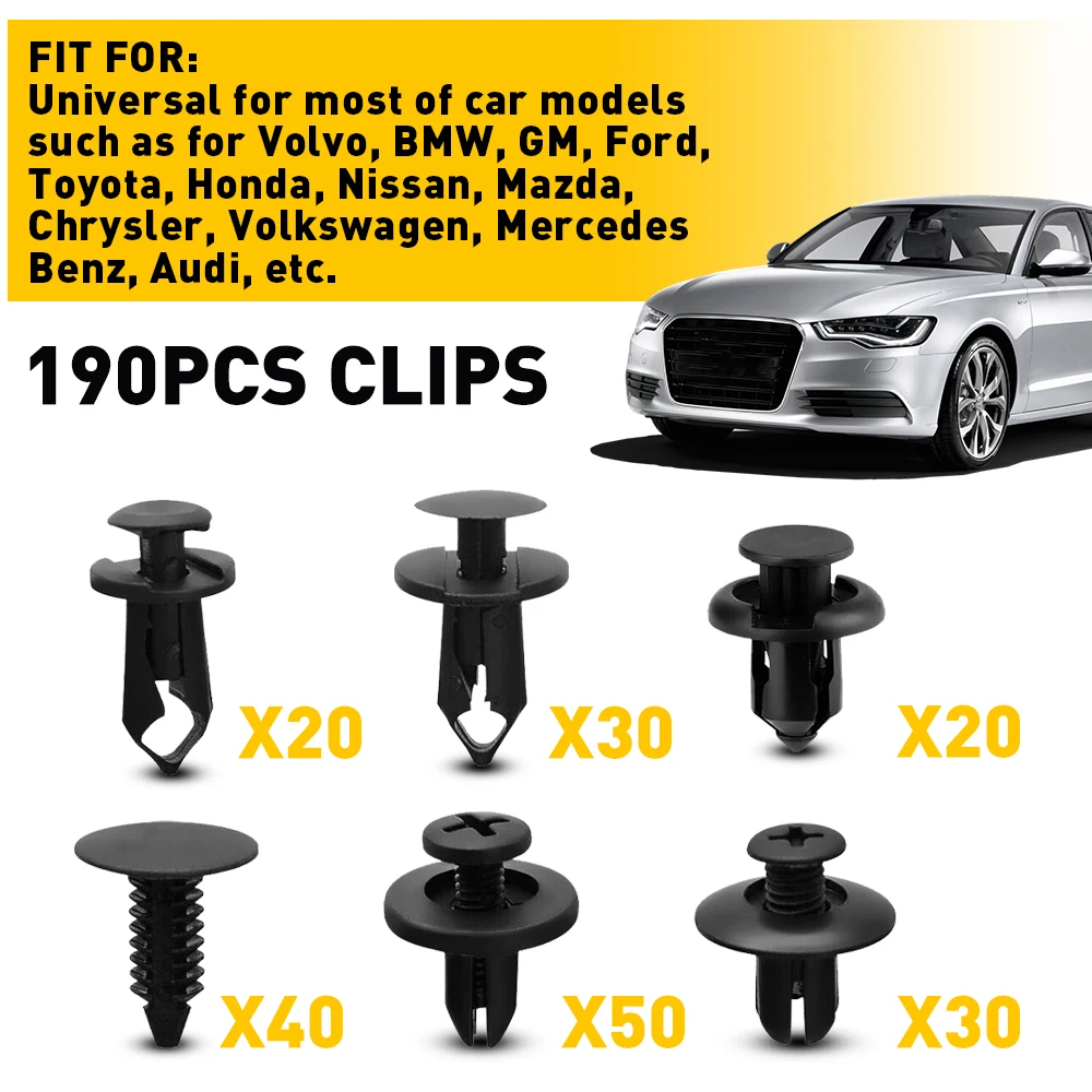 190 PCS Car Fastener Clip Kit Bumper Fender Rivet Clips Auto Body Push Retainer Pin Rivet Bumper Door Trim Panel Retainer Repair