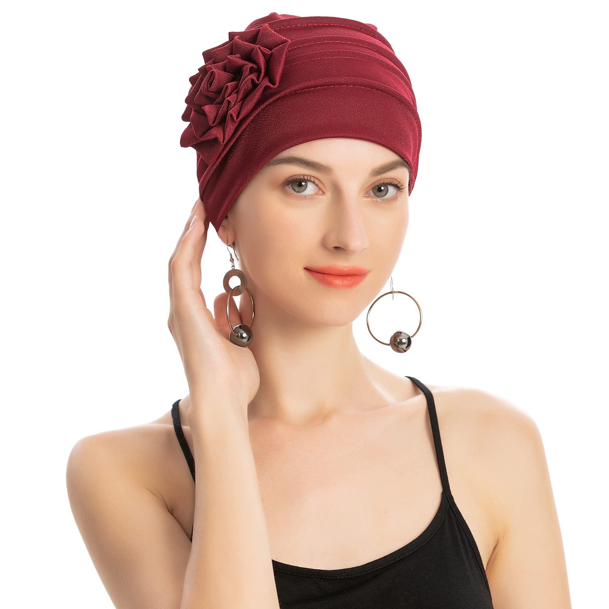 Moslim Mode Effen Kleur Vrouwen Hijab Tulband Muts Met Bloem Chemo Hoofddeksels Elastische Hoofd Wrap Cap