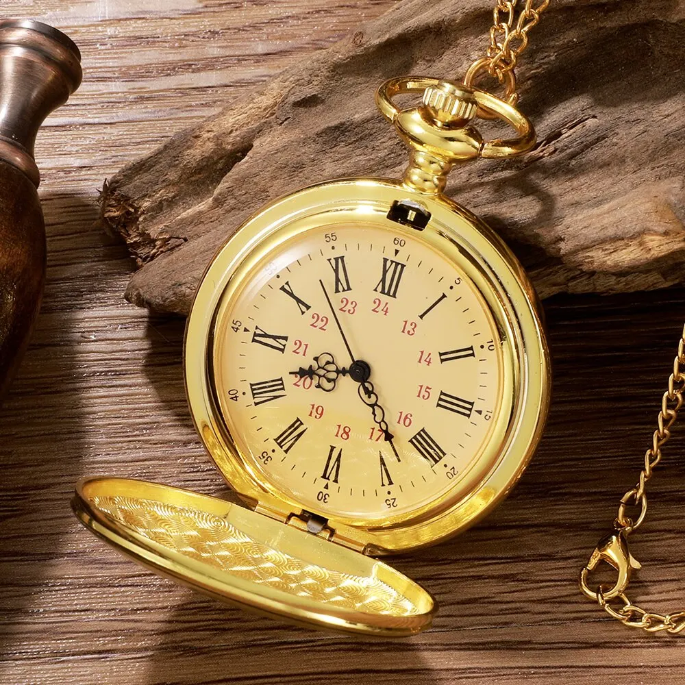 Antiguo reloj de bolsillo de cuarzo con números romanos vintage Steampunk, caja de oro, colgante, cadena de reloj para hombre y mujer