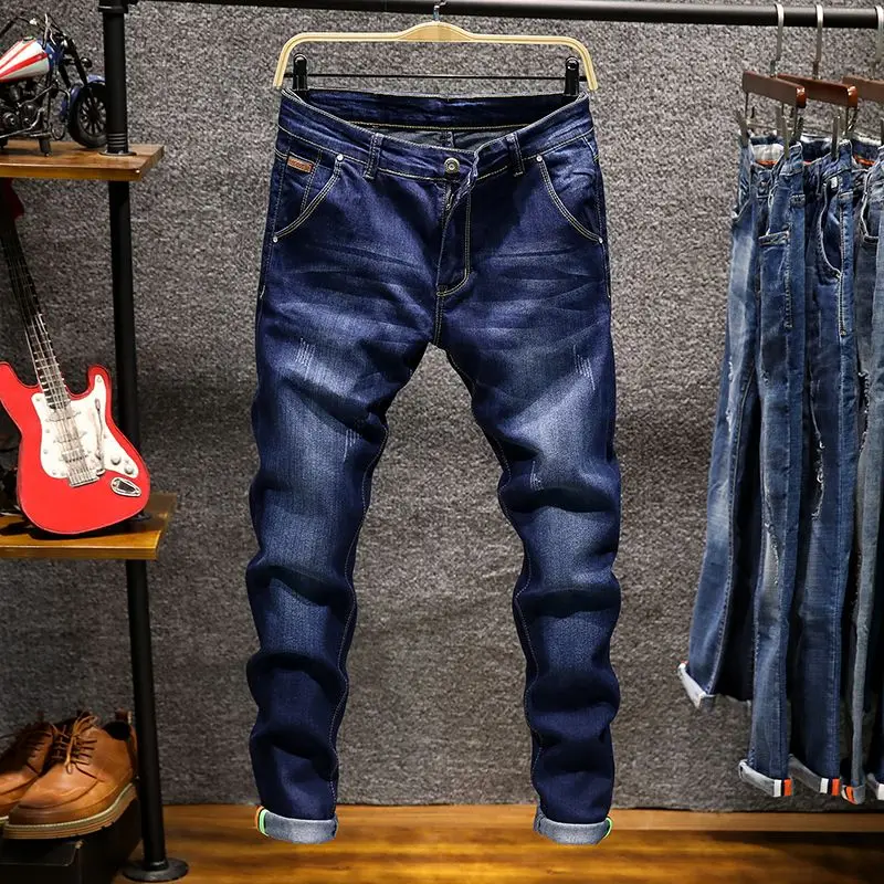 Pantalones vaqueros rectos elásticos americanos para hombre, pantalones vaqueros de algodón ajustados desgastados rasgados, moda de estilo coreano, ropa azul y negra para hombre