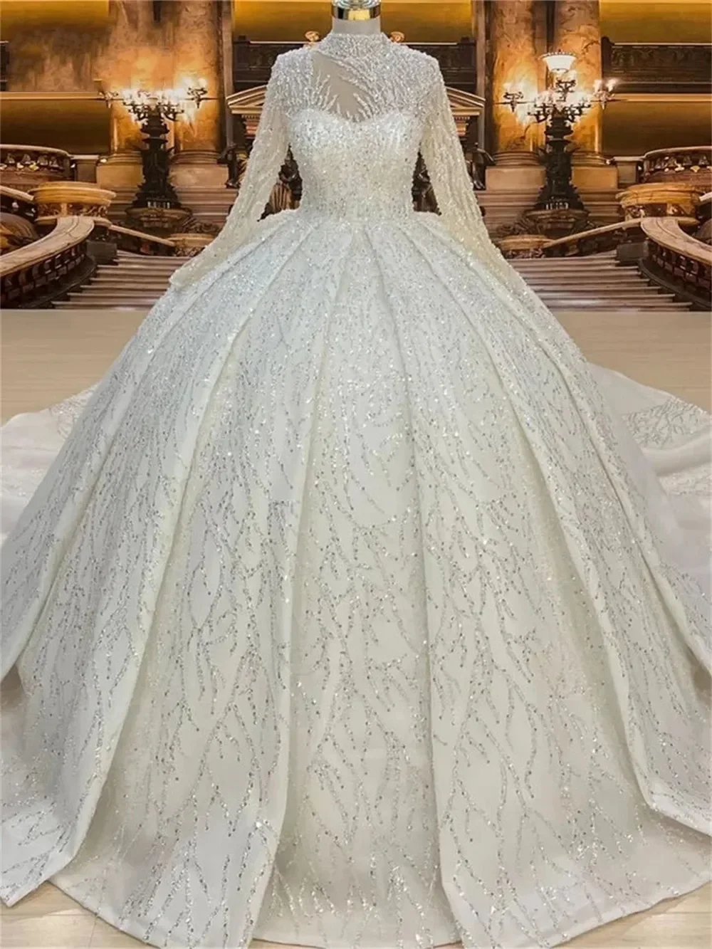 Flavinke Customized Ball Gown Wedding Dresses High Neck Beads Sequins Long Sleeve Bride Dresses Arabic Bridal Gown Vestidos De