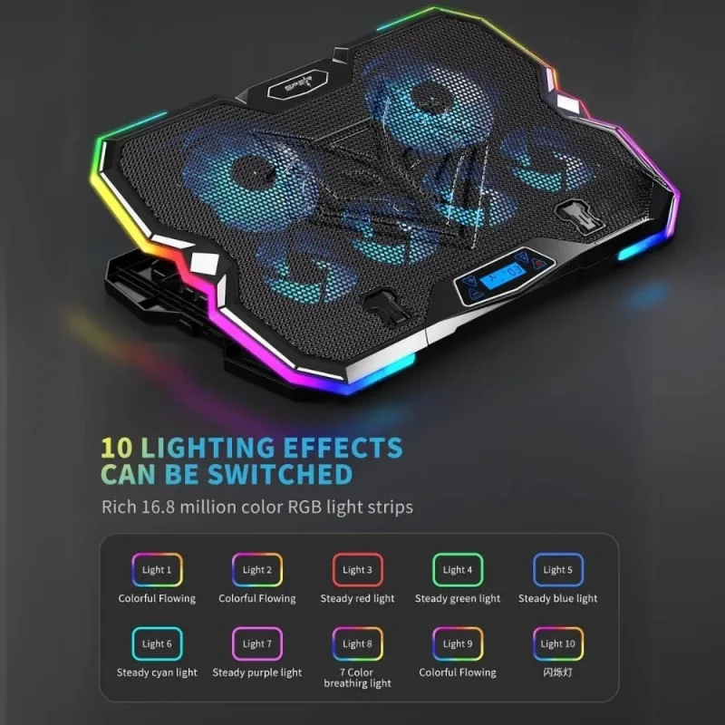 RGB 노트북 패드 블랙 – 60 °   회전식 베이스, 높이 조절 가능 및 RGB 조명 – 12″~17″ 노트북에 적합 – 인체공학적, 미끄럼 방지, 게임용 및