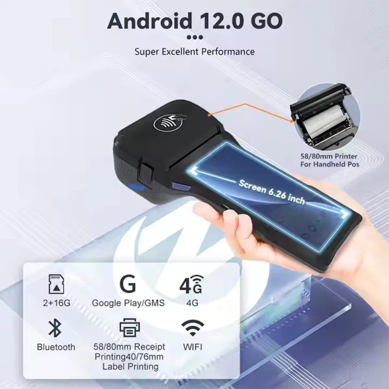 POS-терминал Handhe 6,26 дюйма Android 12 с принтером 58/80 мм, памятью 2G + 16G Loyverse Desktop POS 4G WIFI BT Connection 2D Scanne