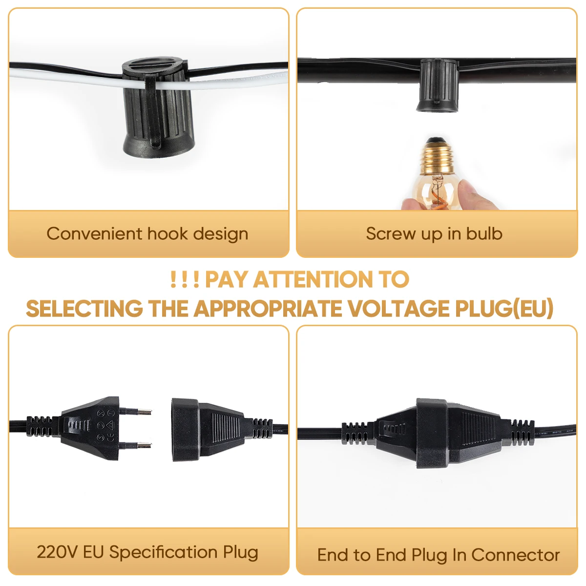 E27 Light Strand E26 Outdoor Light Cable String Light Wire 220V EU PLUG Wedding Stringer Sockets for Patio Decoration Light